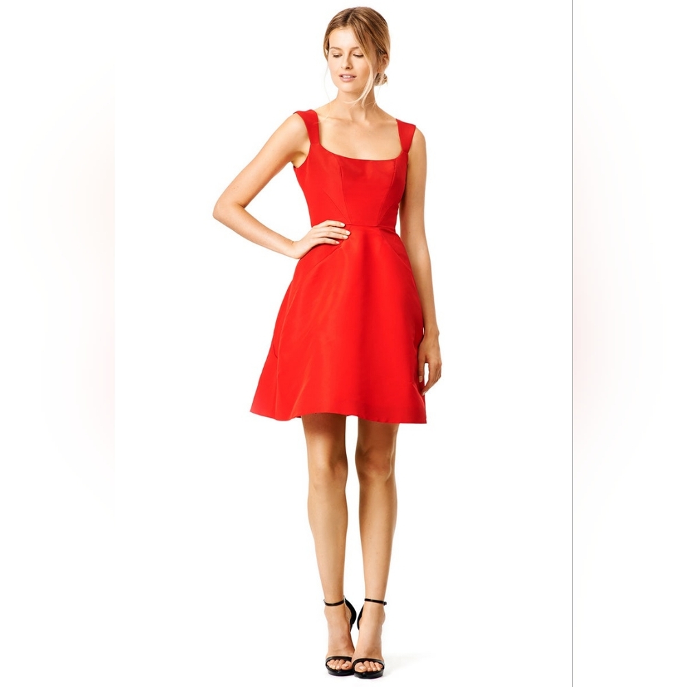 Monique Lhuillier Red Fit-and-Flare Midi Dress - Picture 2 of 8